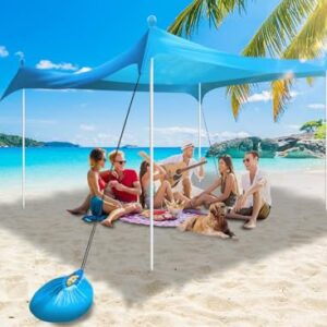 10x10ft Beach Tent Sun Shelter in light blue with UPF50+ protection, featuring four aluminum poles, sandbags, and stability accessories, ideal for beach outings, picnics, and outdoor events.