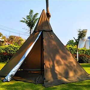 Portable pentagonal teepee tent set up in a natural outdoor setting, showcasing its waterproof fabric, stove hole, and removable rain cap, designed for solo camping