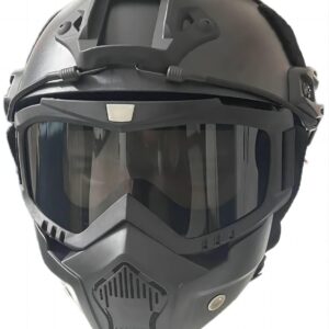 Airsoft PJ Style Tactical Helmet with Full Face Mask, featuring adjustable straps, a detachable mask