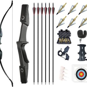 Black 40lb Monsour Archery Takedown Recurve Bow Set with complete accessories including arrows and guards, ideal for beginners in hunting and target practice.