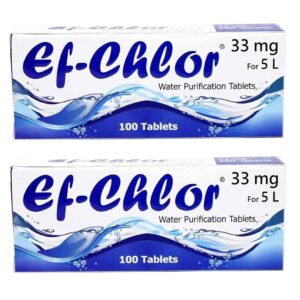 Ef-Chlor Water Purification Tablets in a compact pack, ideal for camping, travel, and emergency use, with each tablet purifying up to 2.64 gallons of water.