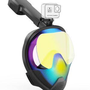 Adult full-face snorkel mask with a 180-degree panoramic view, anti-fog, and anti-leak features, complete with a built-in camera mount for capturing underwater adventures.