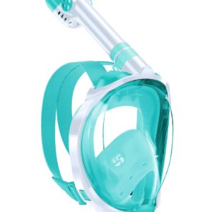 Kids' full-face snorkel mask in blue-black, featuring a 180-degree panoramic view with anti-fog and leak-proof design. Equipped with a camera mount, perfect for young swimmers exploring underwater.