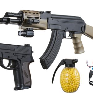 GoldenBall AK47 AEG Airsoft Rifle with battery, charger, laser, flashlight, and spring pistol kit, featuring a 350-round reservoir and dual firing modes