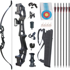51-inch Monsour Archery Recurve Bow and Arrows Set with metal riser, strong fiberglass limbs, and a complete accessory kit including arm guard, finger guard, bow sight, and arrows