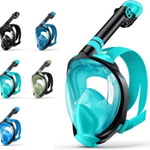 Full Face Snorkel Mask with 180-Degree Panoramic View and Detachable Camera Mount. Features include anti-fog design