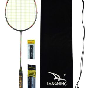 LANGNING Lightweight Full Carbon Fiber Badminton Racket Set – 60g, 10U, 26lbs Tension Black Racket