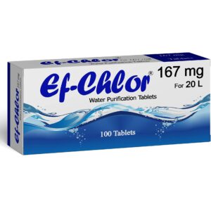 Ef-Chlor 167mg Water Purification Tablets in a pack of 100, ideal for emergency preparedness, travel, and outdoor adventures, purifying up to 6.6 gallons of water per tablet