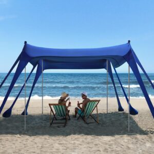 Vibemo Beach Tent 10x10ft with UPF50+ sun protection, featuring 8 sandbags, thickened aluminum poles, and a sand shovel