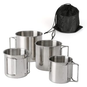 Set of four stackable stainless steel camping mugs with folding handles and a mesh carrying bag, displayed on a rustic outdoor surface.