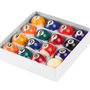 A set of 16 colorful 25mm mini billiard balls arranged in a triangle, perfect for children’s portable pool play or decoration.