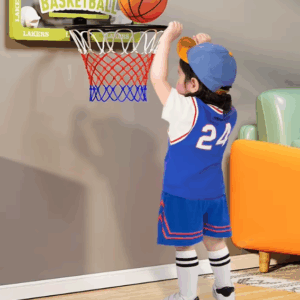 Children’s indoor basketball hoop with a foldable design, wall-mounted setup, and safe, eco-friendly materials – perfect for ages 3 and up