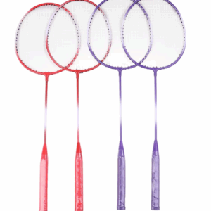 Professional badminton racket set with vibrant purple and red rackets, three durable shuttlecocks, and a portable carrying bag – perfect for indoor and outdoor use.
