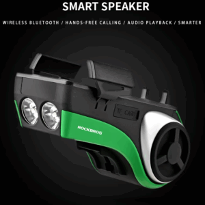 ROCKBROS 5-in-1 Waterproof Bluetooth Speaker featuring integrated power bank, bike light, and phone holder for outdoor adventures, designed to withstand water mist and provide superior sound quality.