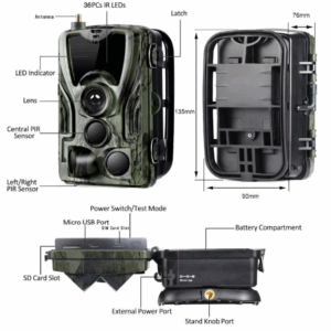 Hunting trail camera mounted outdoors, capturing wildlife with infrared night vision and high-definition 20MP photos.