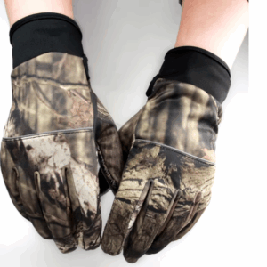 Camouflage hunting gloves with two-finger cut-off design, anti-slip grip, and windproof material for outdoor activities.