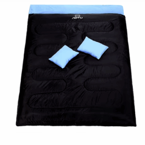 A cozy double envelope-style sleeping bag with built-in pillows, designed for winter camping and outdoor adventures, offering warmth and comfort in temperatures as low as -25°C.
