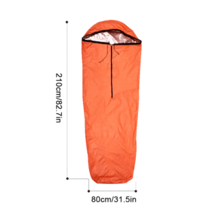 Lightweight, waterproof emergency sleeping bag featuring heat-reflective aluminum foil lining, adjustable hood, and front zipper for easy access during outdoor adventures.
