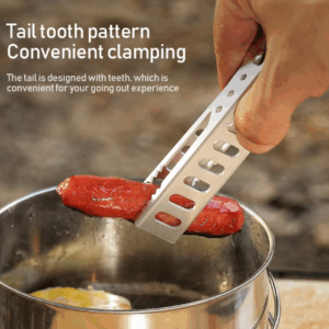 Silver aluminum alloy pot gripper with anti-scalding design, featuring a tight clamp for securely holding hot cookware during camping or kitchen use.