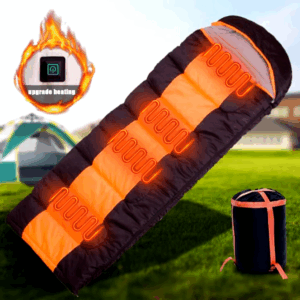 USB Heated Winter Camping Sleeping Bag with adjustable temperature settings, water-resistant material, and breathable bottom zipper design for cold-weather outdoor adventures.