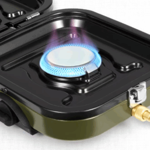 Phantom-Double Fire Folding Gas Stove in green, featuring two burners, perfect for outdoor camping and BBQ cooking, showcasing its compact design and included accessories.