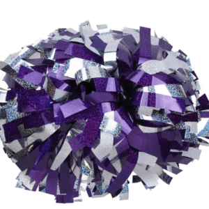 A metallic pink holographic cheerleader pom pom with a baton handle, featuring 1,000 strands of waterproof, shed-proof material, perfect for cheering at sports events and performances.